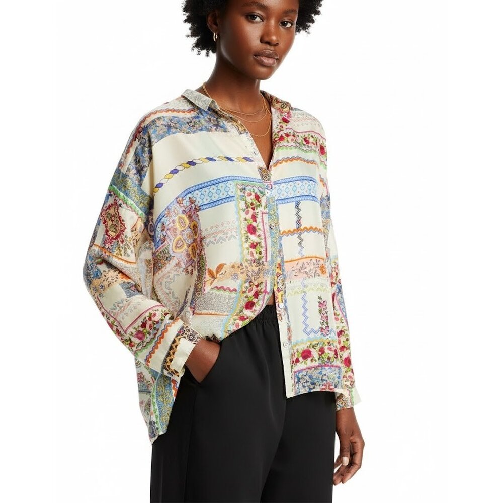 NWT Johnny Was Stano Seline Button Down in Lightweight Silk Blouse S